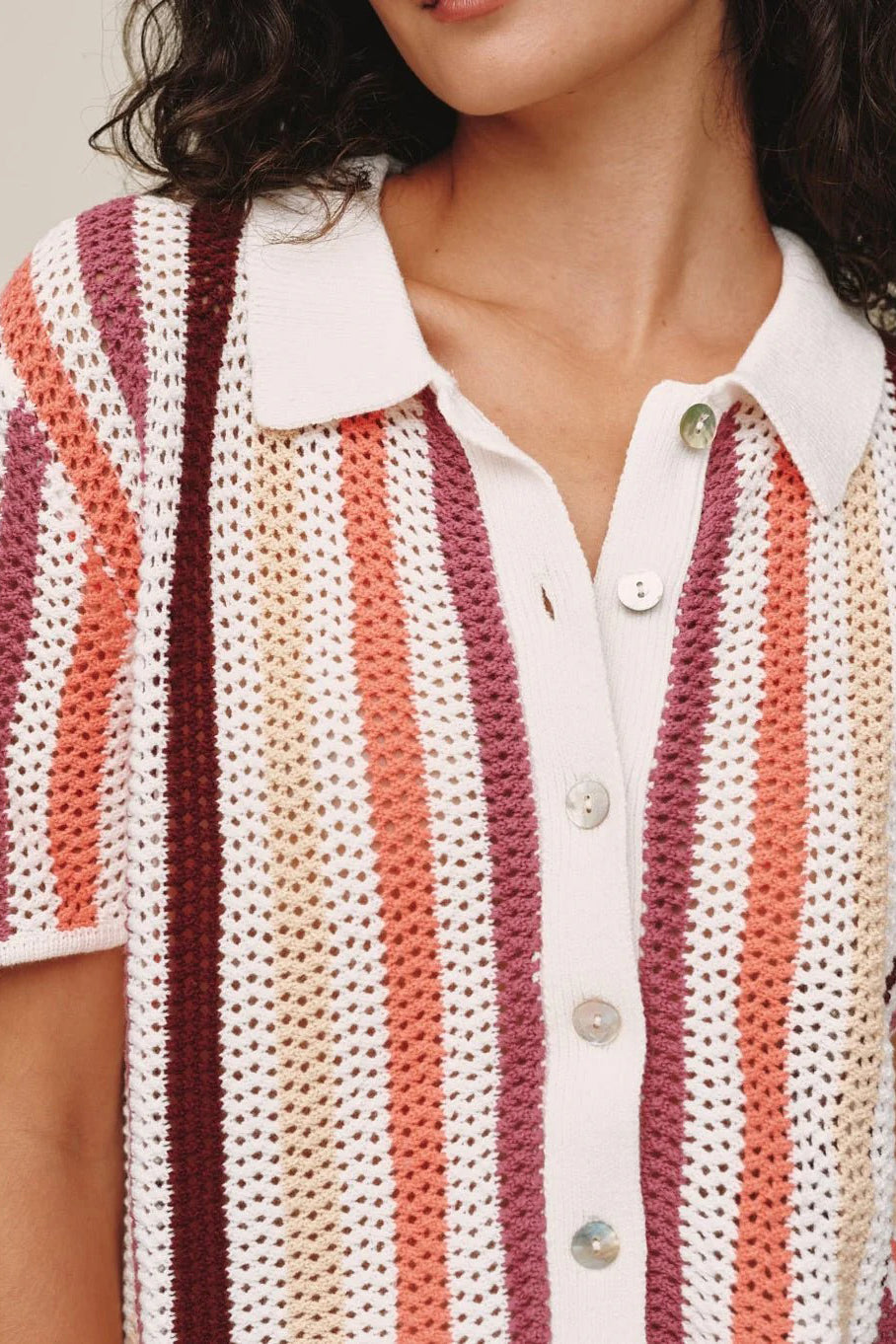 bella dahl short sleeve open knit button down beach side stripe