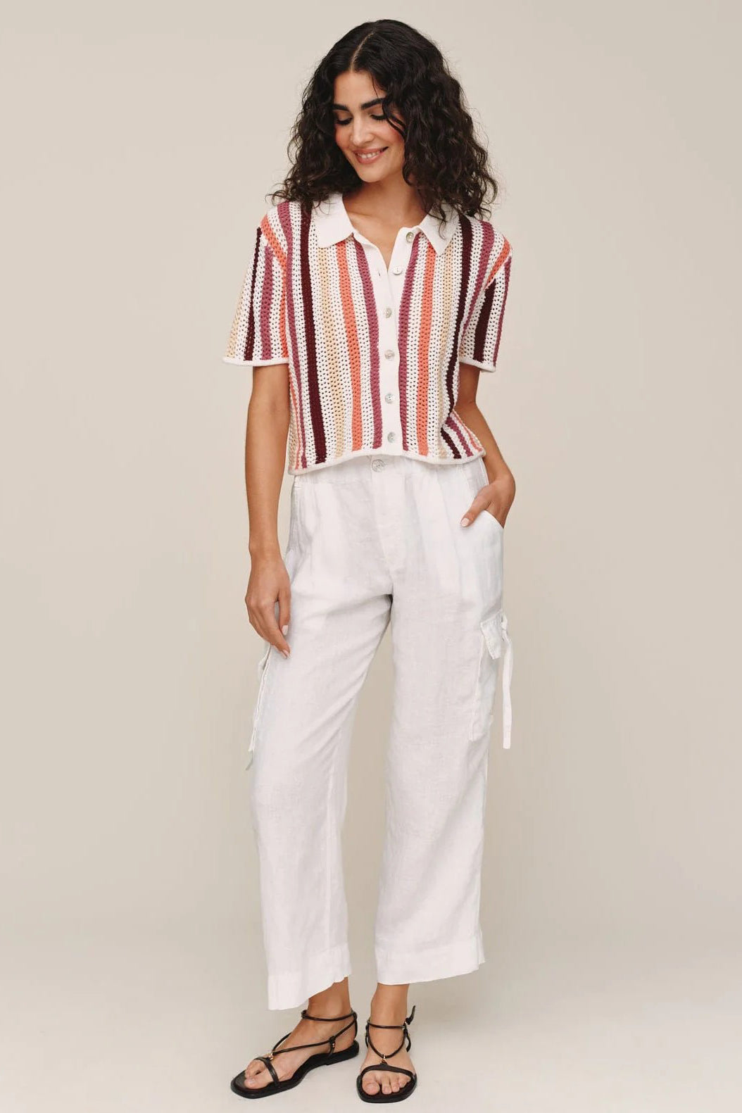 bella dahl short sleeve open knit button down beach side stripe