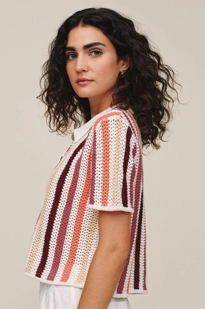 bella dahl short sleeve open knit button down beach side stripe