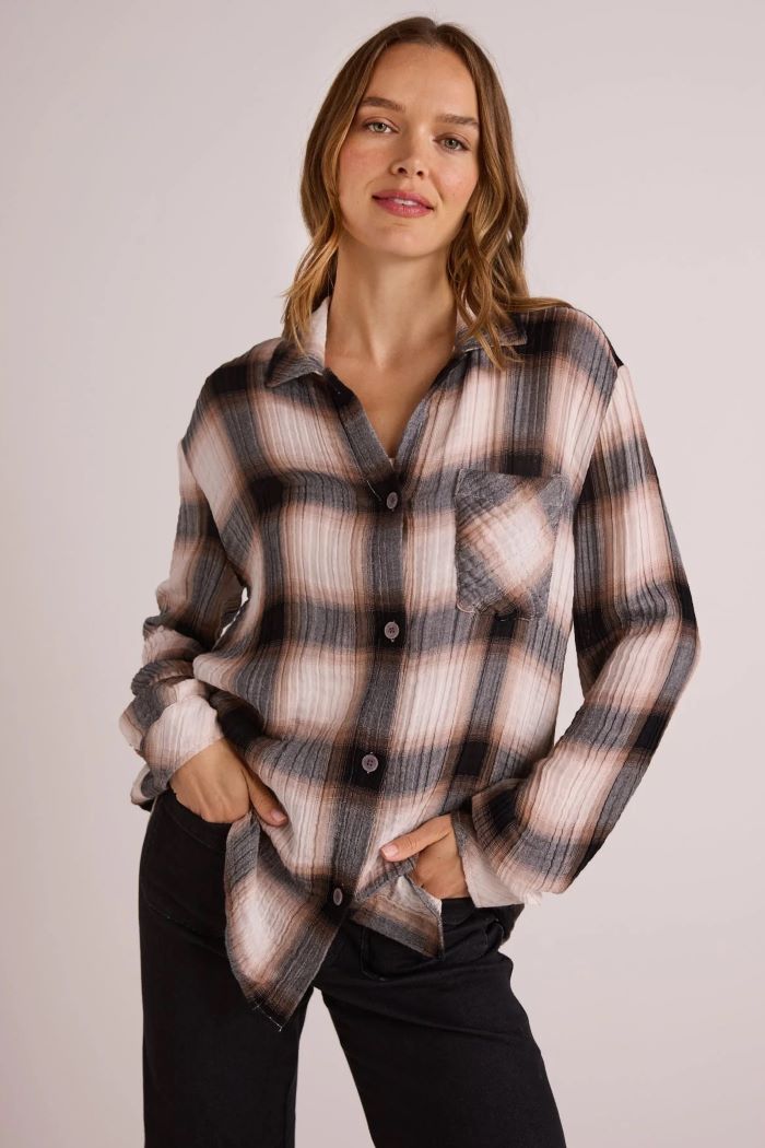 bella dahl oversized shirt with pocket winter taupe plaid 