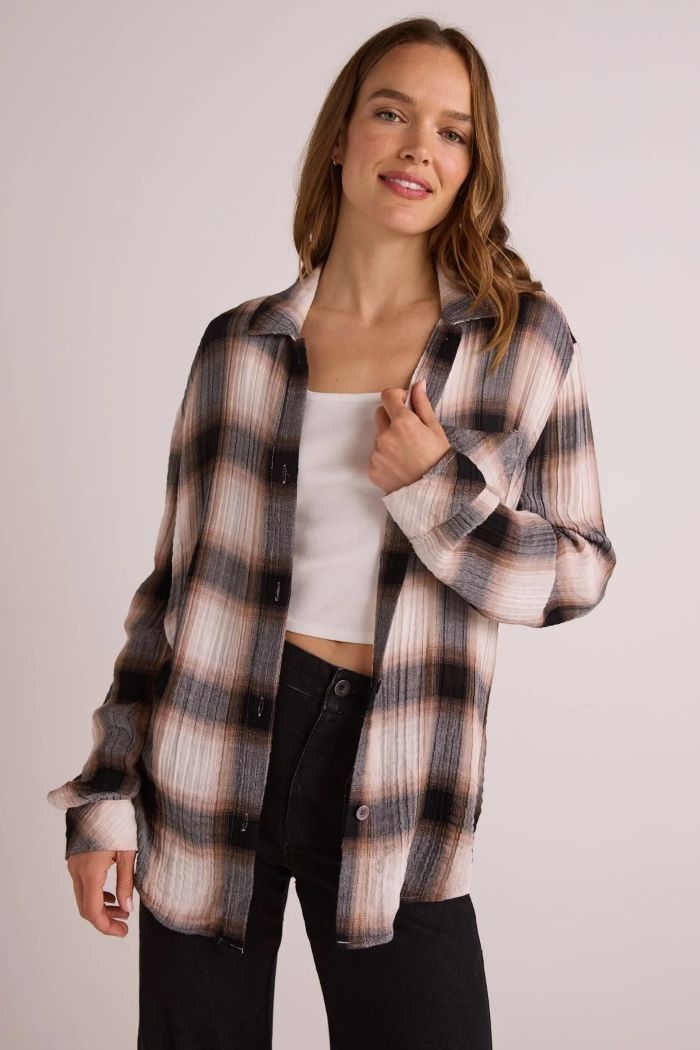 bella dahl oversized shirt with pocket winter taupe plaid 