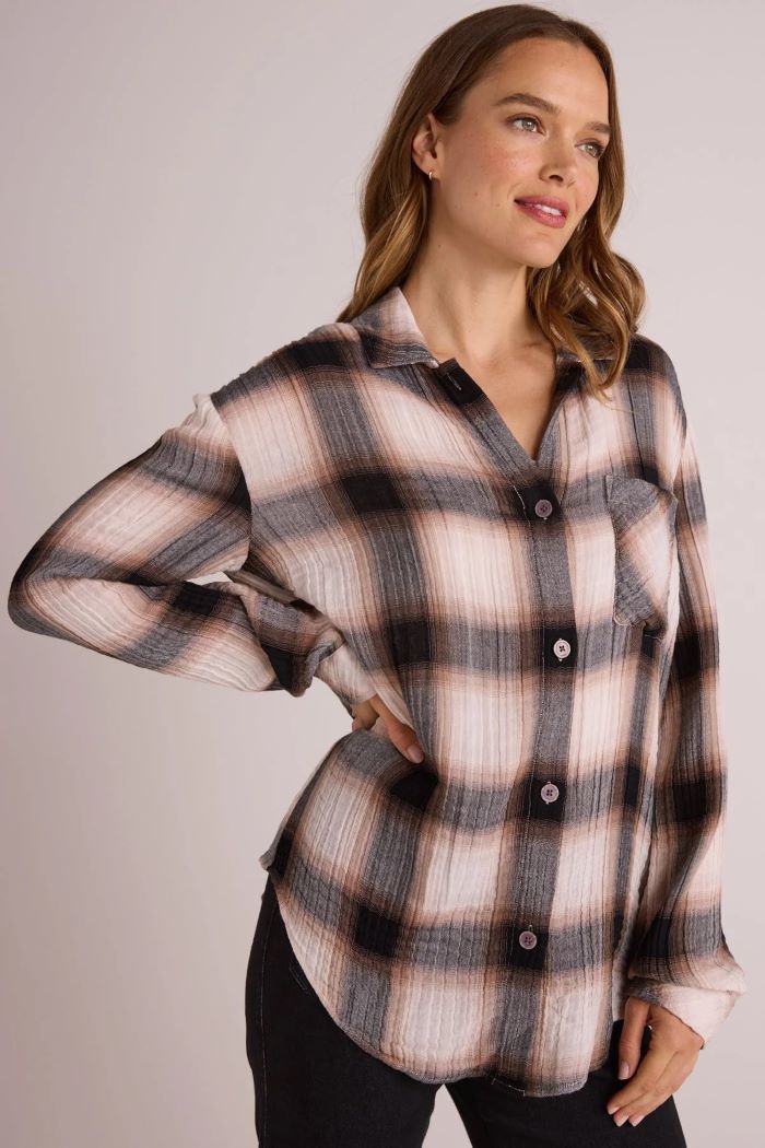 bella dahl oversized shirt with pocket winter taupe plaid 