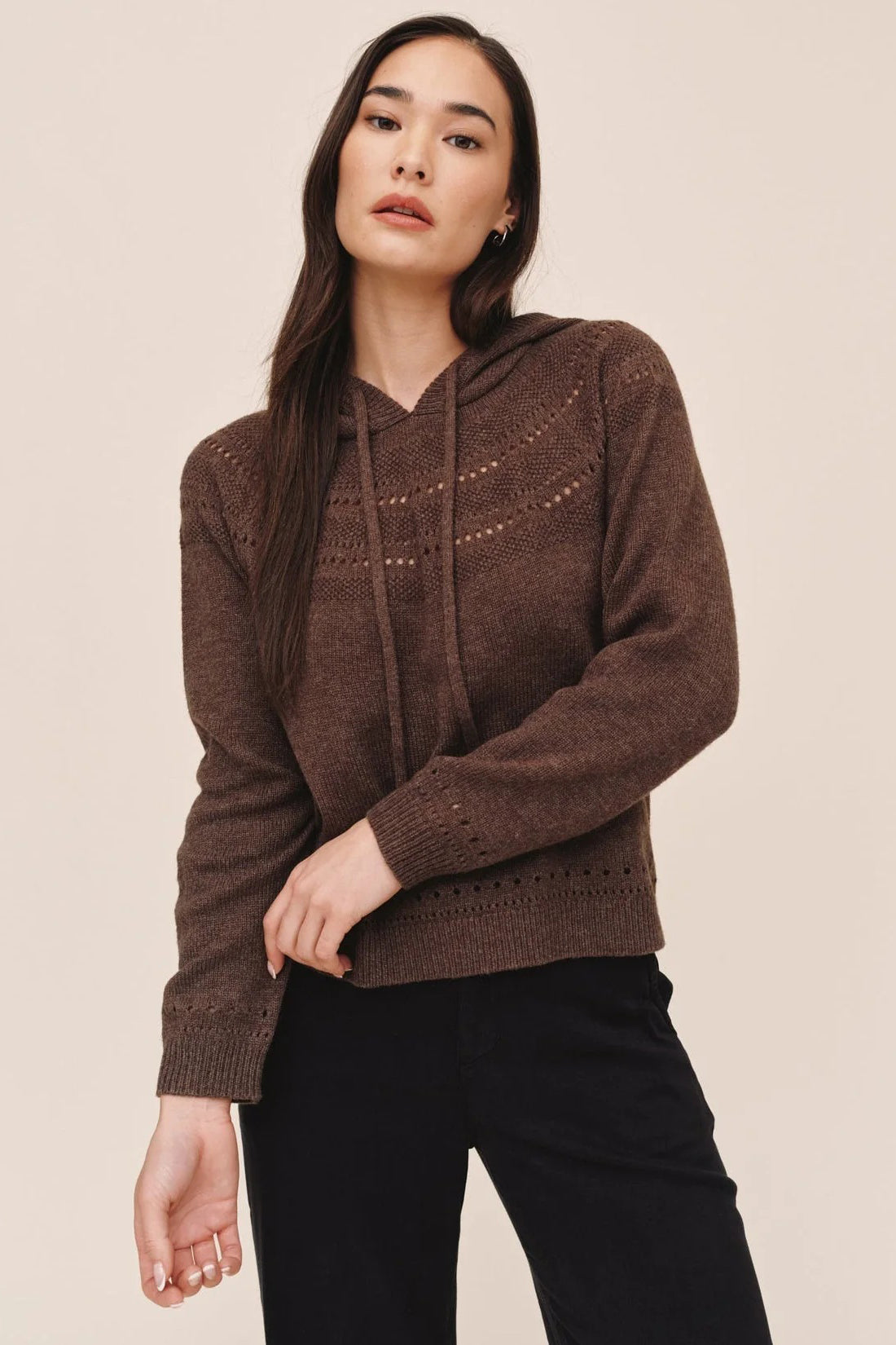bella dahl pointelle fairisle hoodie heather mocha