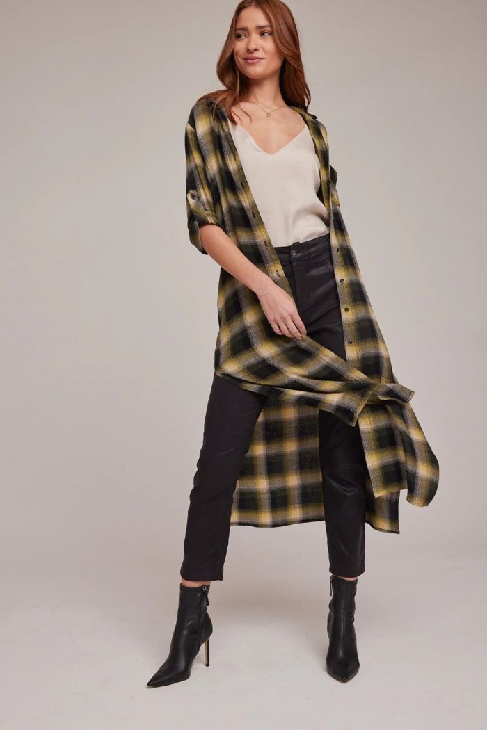 bella dahl rolled sleeve duster green and black plaid