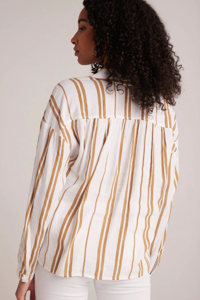 bella dahl shirred shoulder pullover redwood stripe 