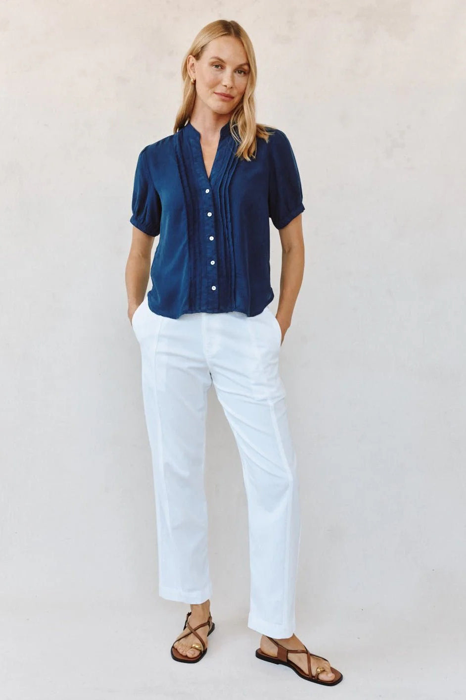 bella dahl short sleeve pintuck shirt navy dusk