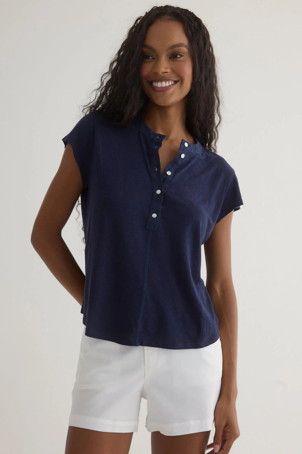 bella dahl short sleeve placket pullover italian navy