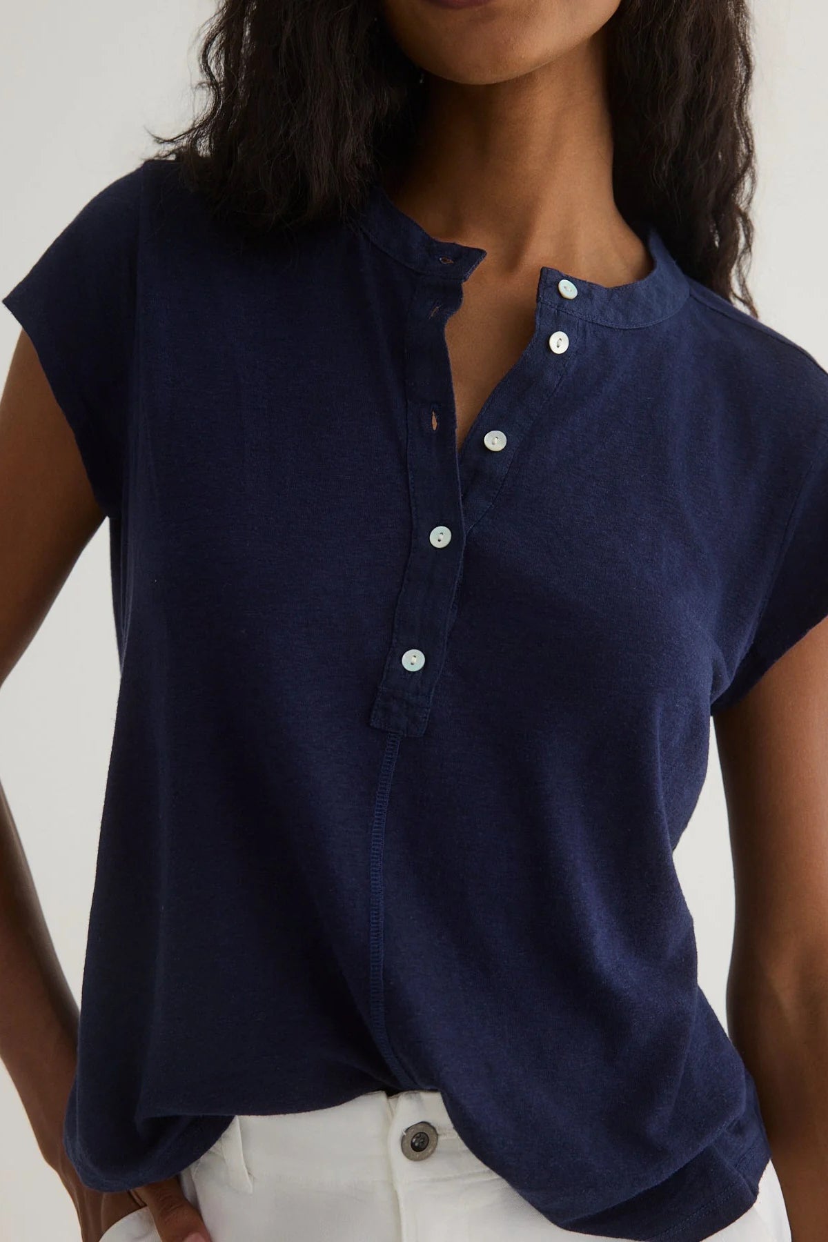 bella dahl short sleeve placket pullover italian navy