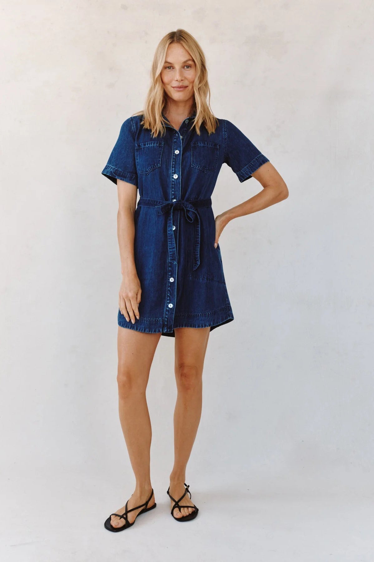 bella dahl short sleeve utility shirt dress horizon blue wash