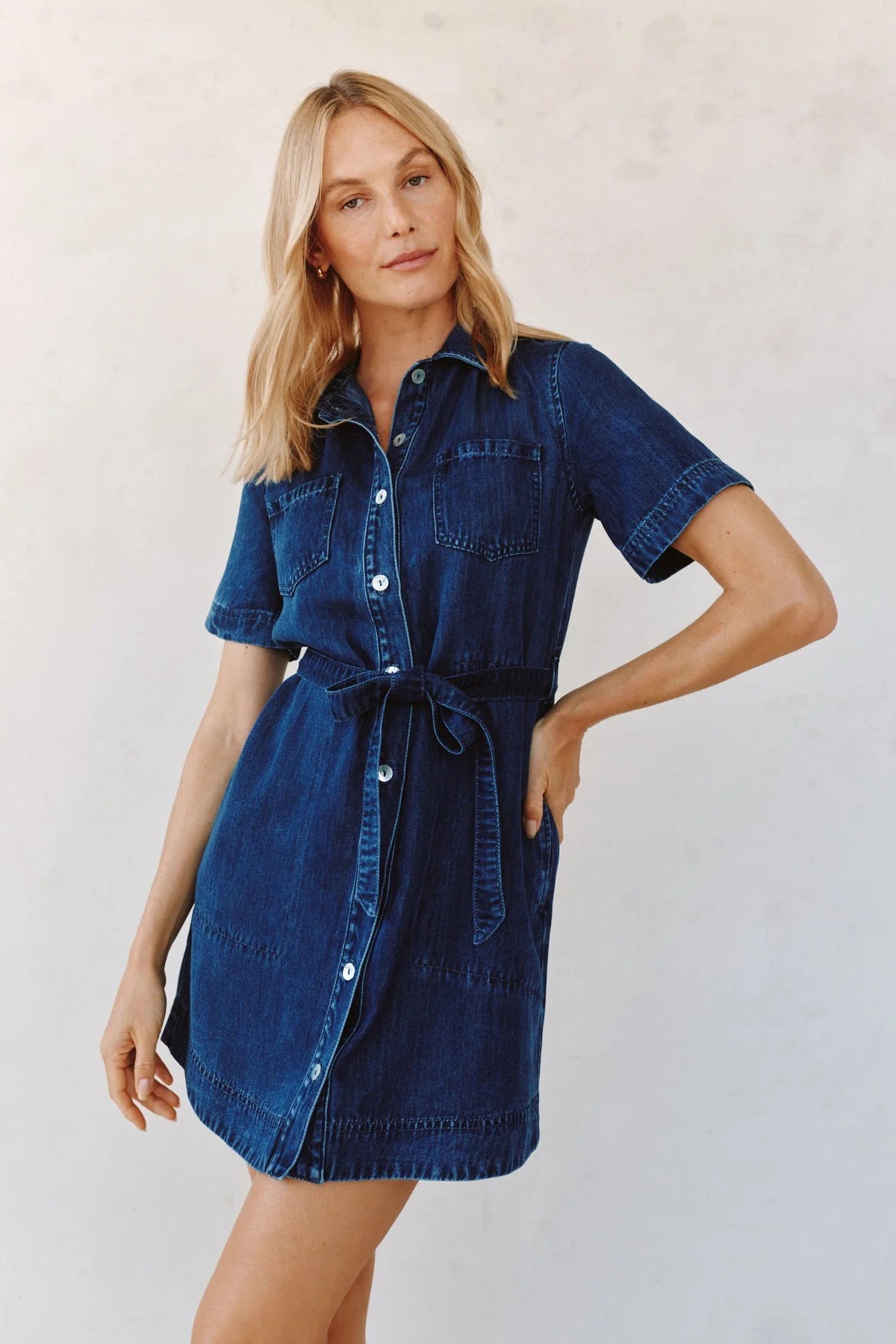 bella dahl short sleeve utility shirt dress horizon blue wash