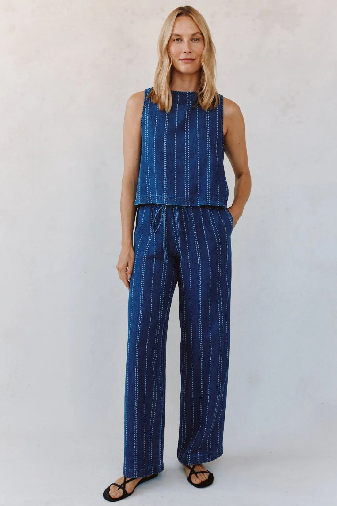 bella dahl drawstring pant indigo stripe