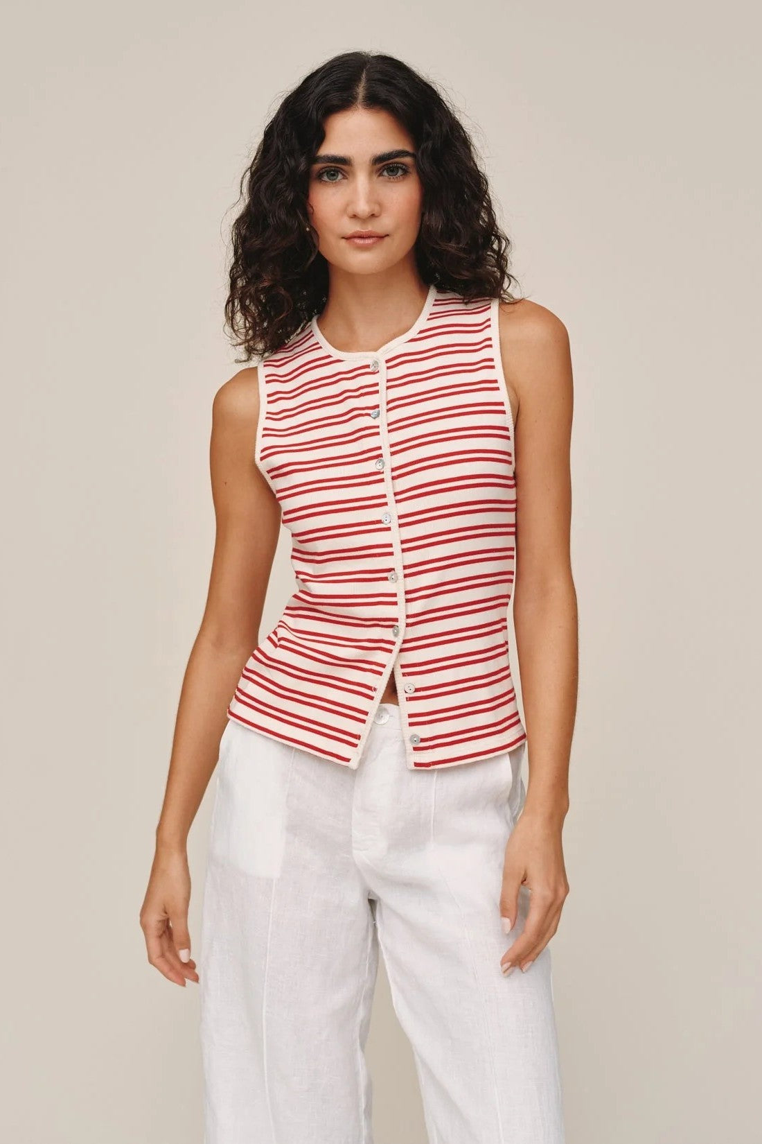 bella dahl sleeveless fitted button down sunset sail stripe