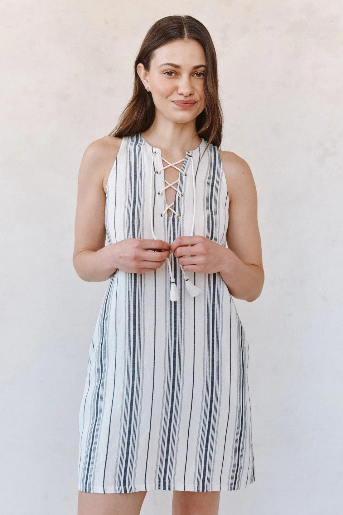 bella dahl sleeveless lace up dress boardwalk stripe