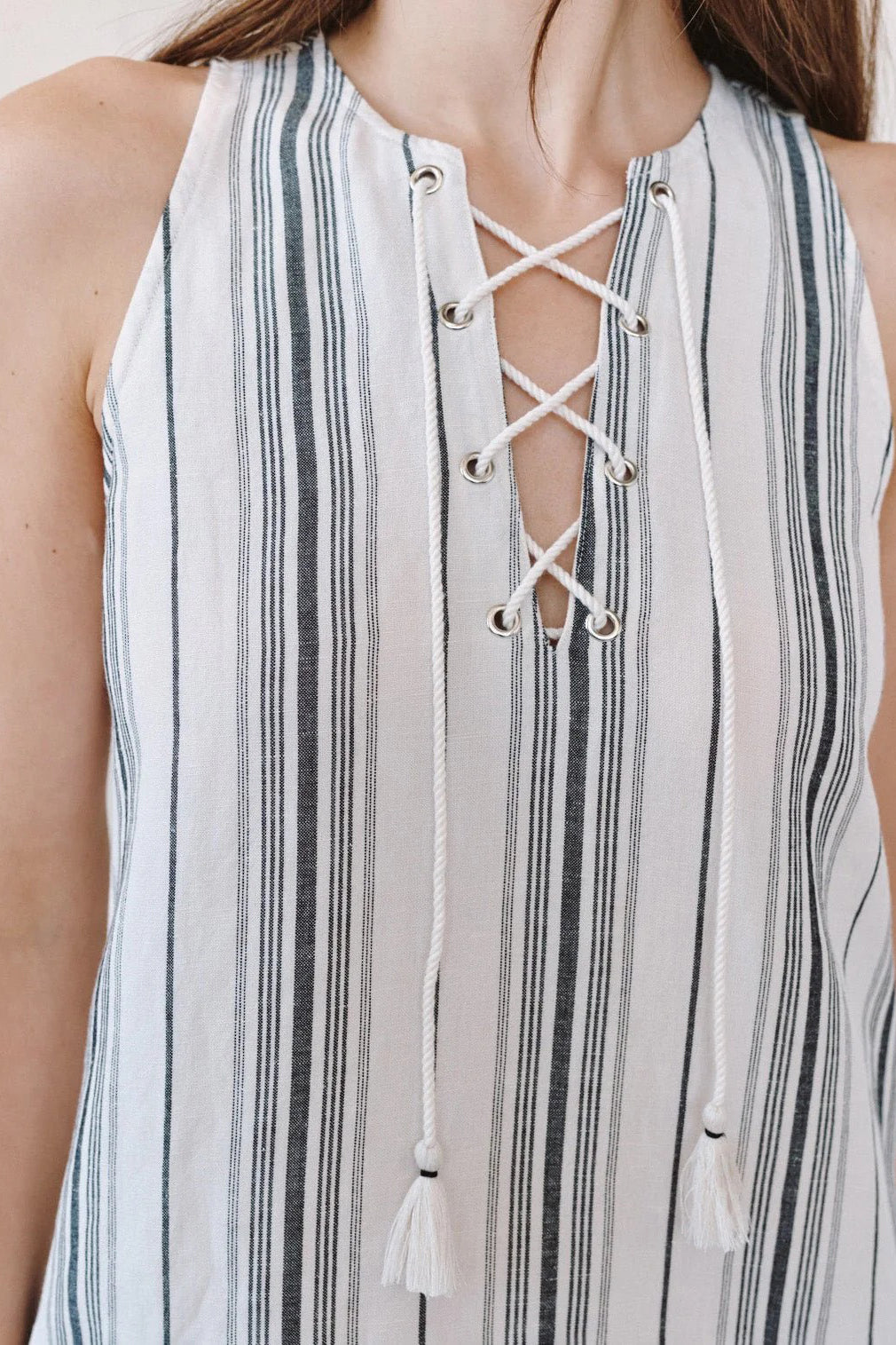 bella dahl sleeveless lace up dress boardwalk stripe