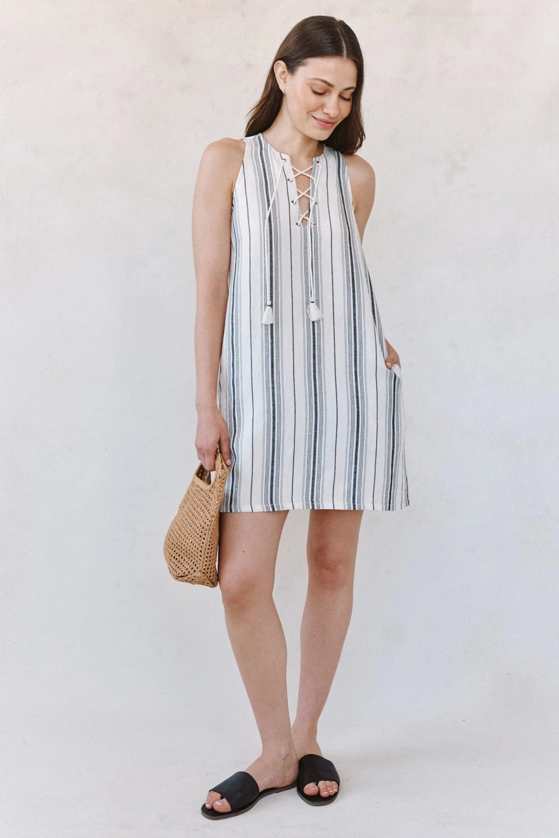 bella dahl sleeveless lace up dress boardwalk stripe