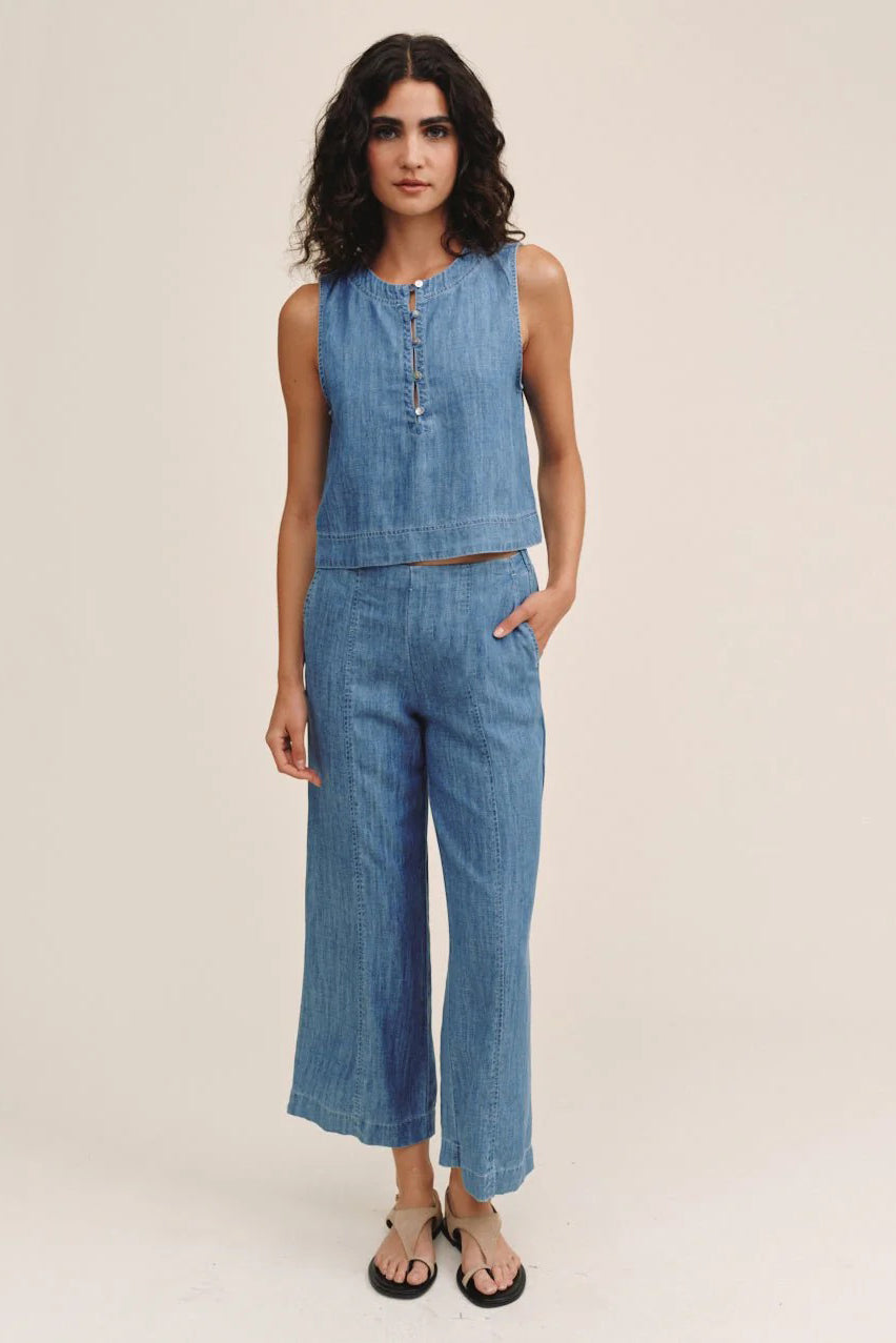 bella dahl clean waist denim pant island blue wash
