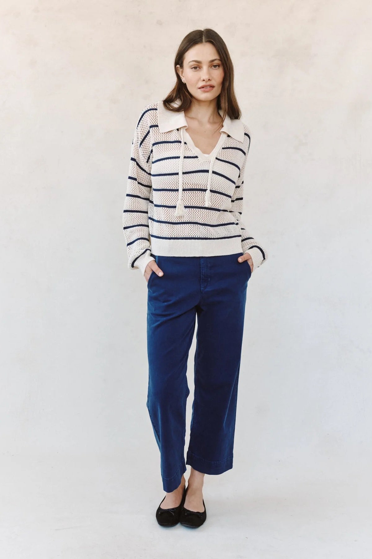 bella dahl tassel tie open knit sweater ink stripe