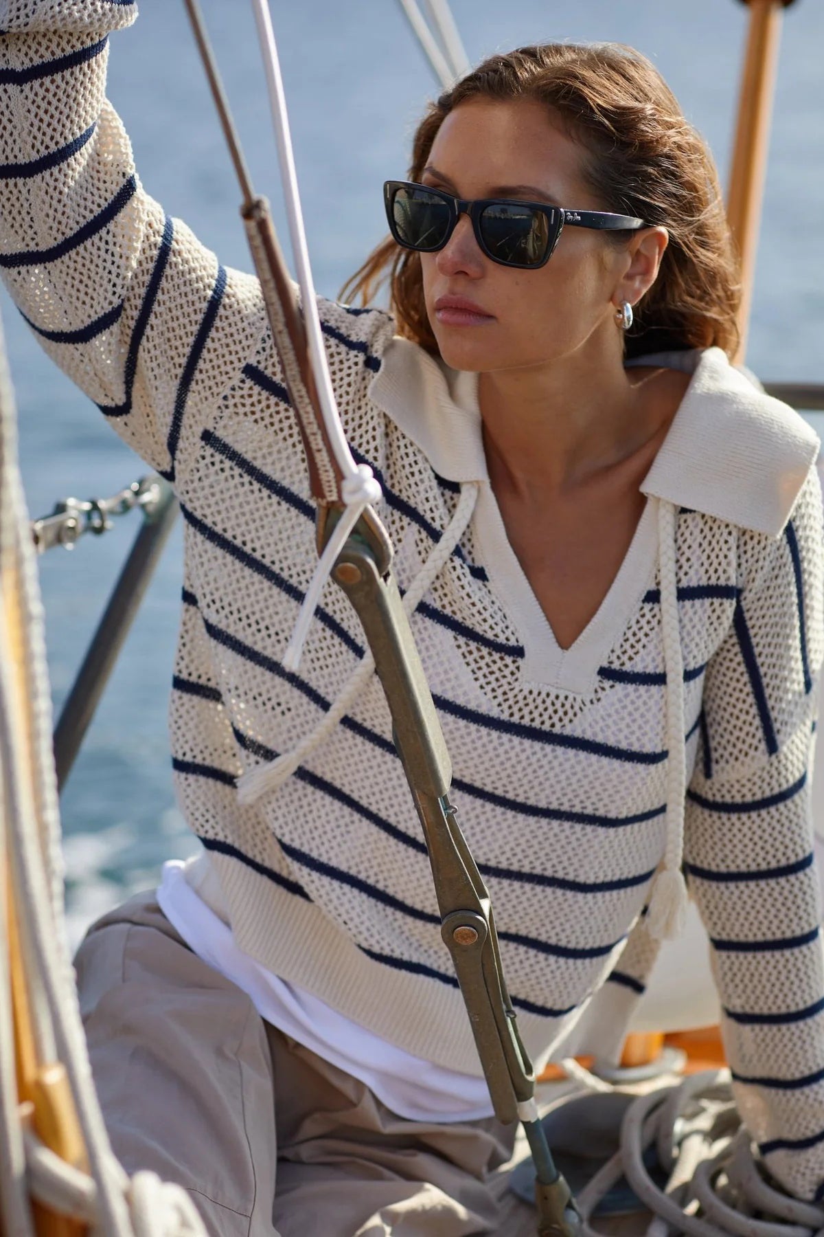 bella dahl tassel tie open knit sweater ink stripe