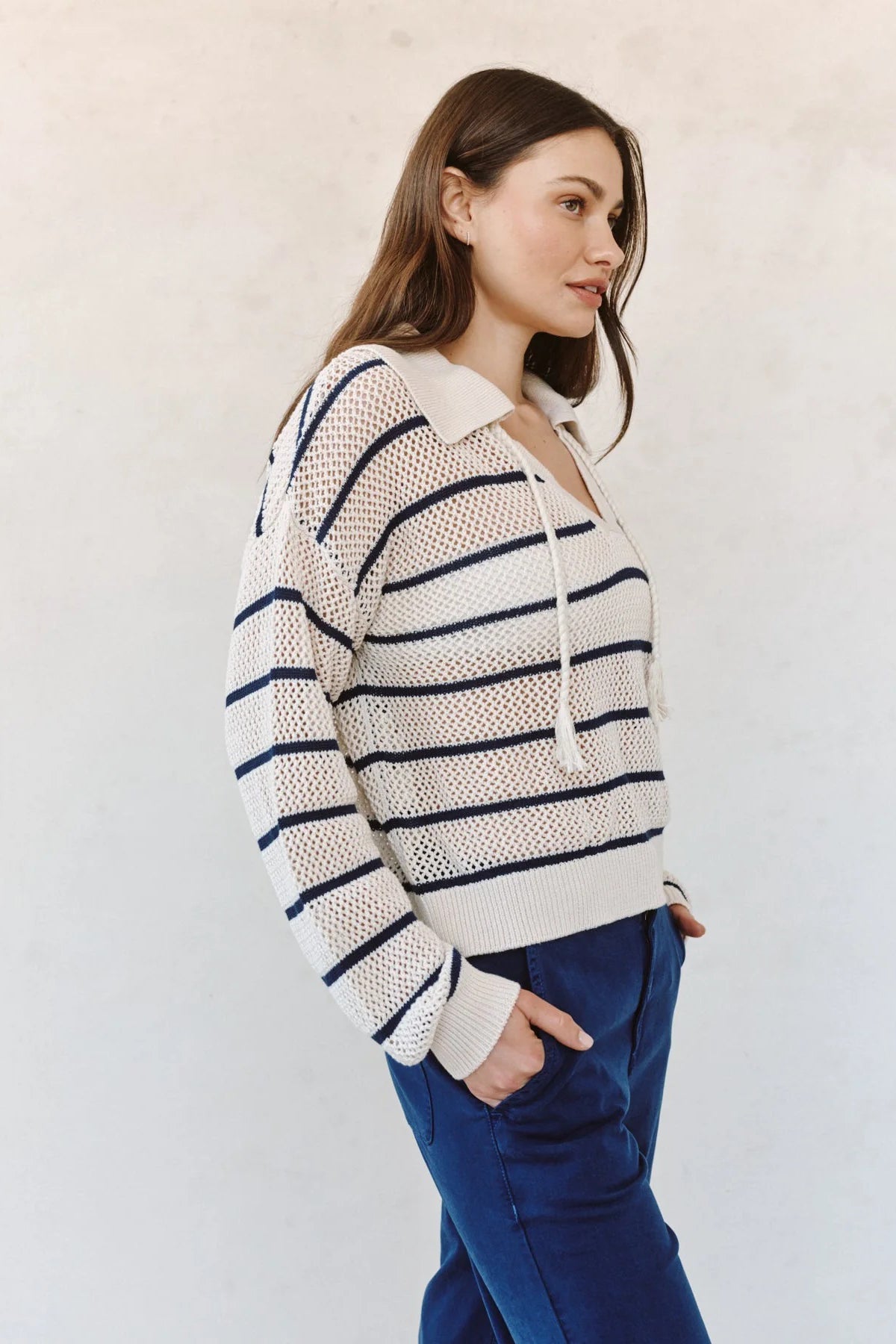 bella dahl tassel tie open knit sweater ink stripe