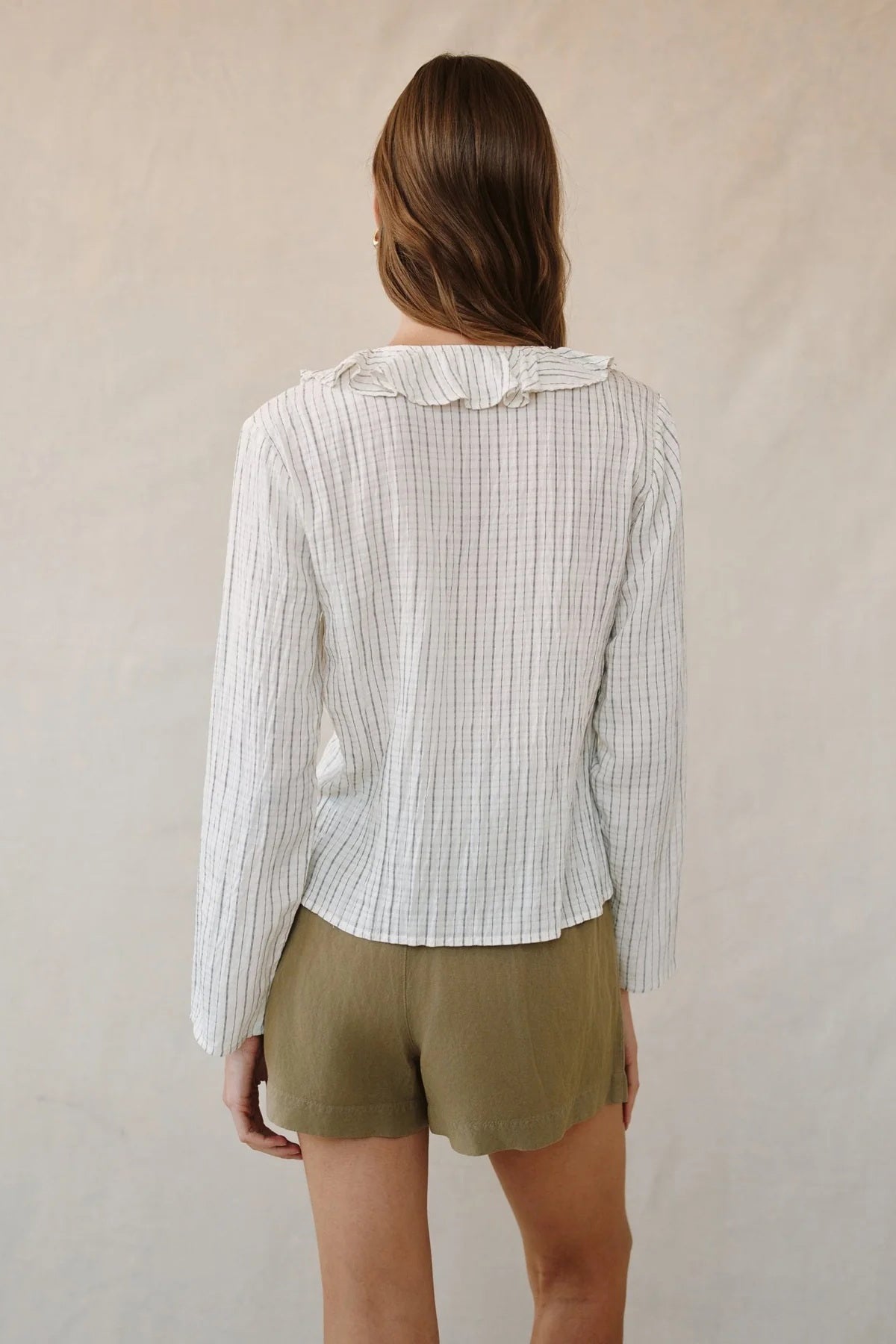 bella dahl tie ruffle neck top ecru black pinstripe