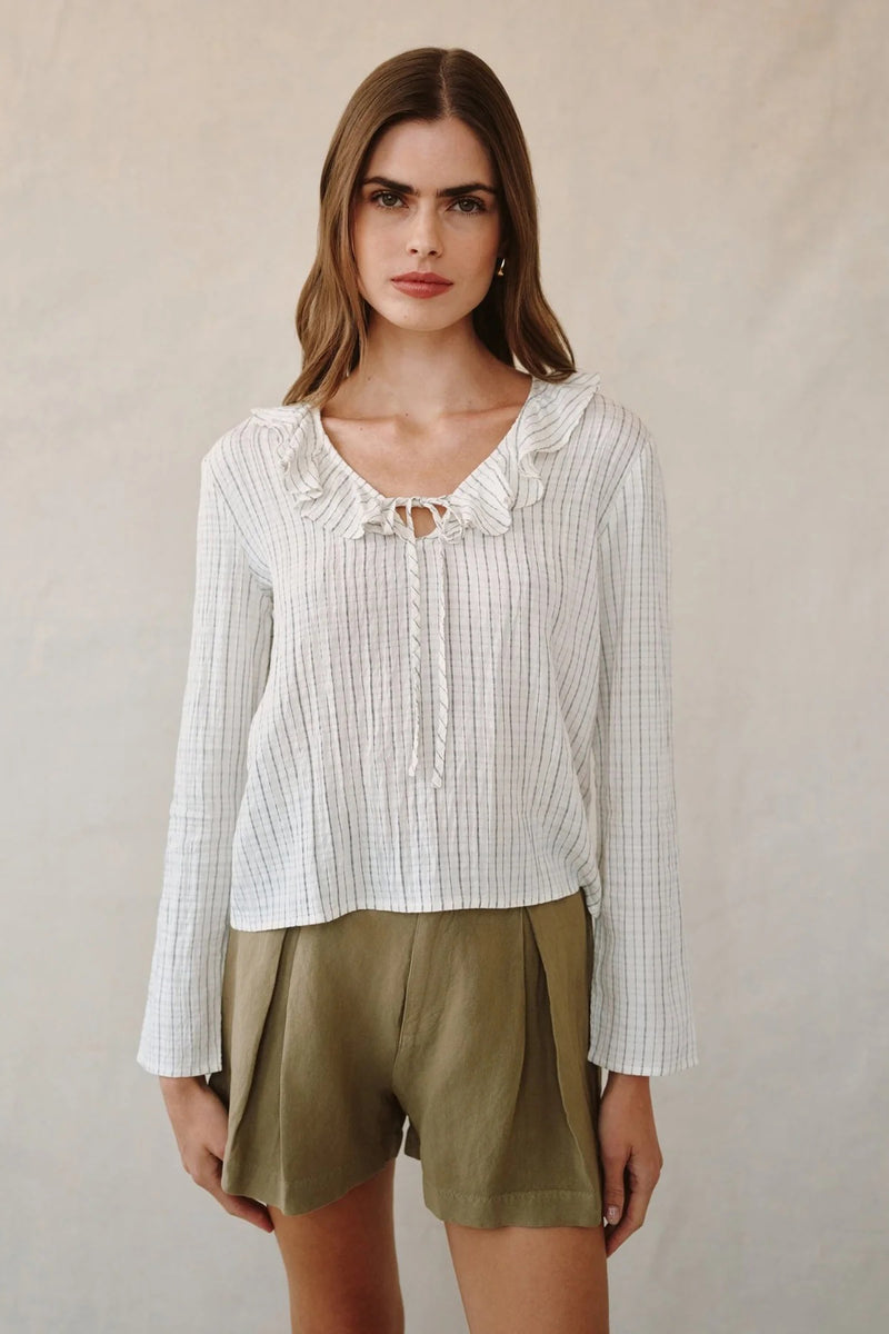 bella dahl tie ruffle neck top ecru black pinstripe