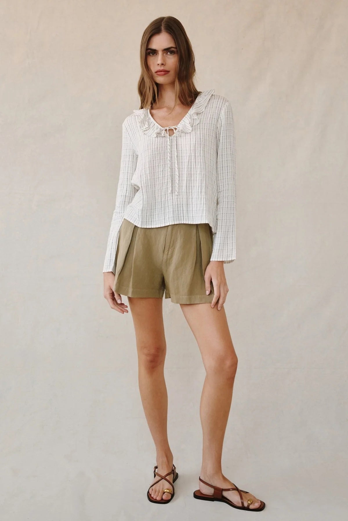 bella dahl tie ruffle neck top ecru black pinstripe