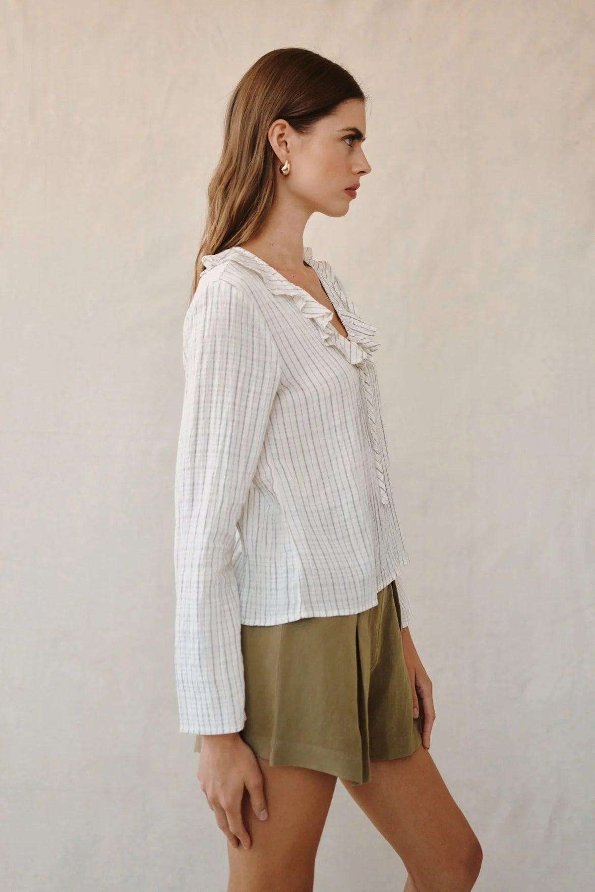 bella dahl tie ruffle neck top ecru black pinstripe
