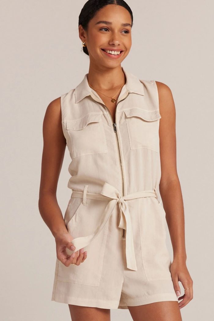 bella dahl zip front romper summer khaki 