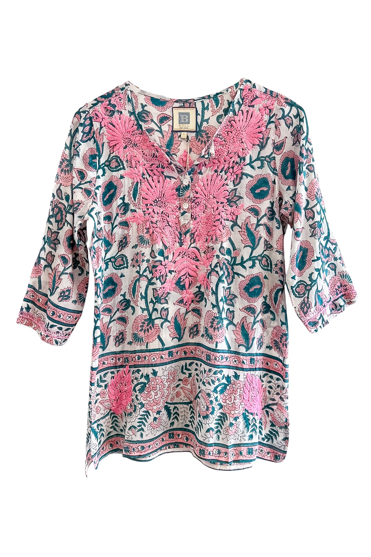 bell embroidered tunic pink green
