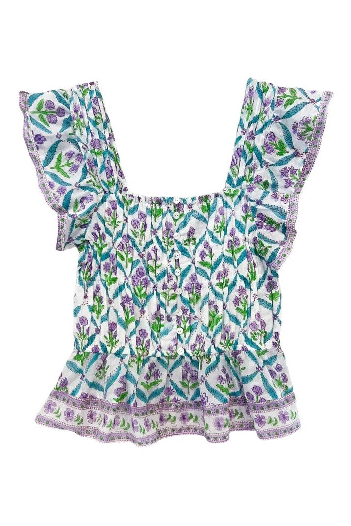 bell fleur top turquoise purple diamond print