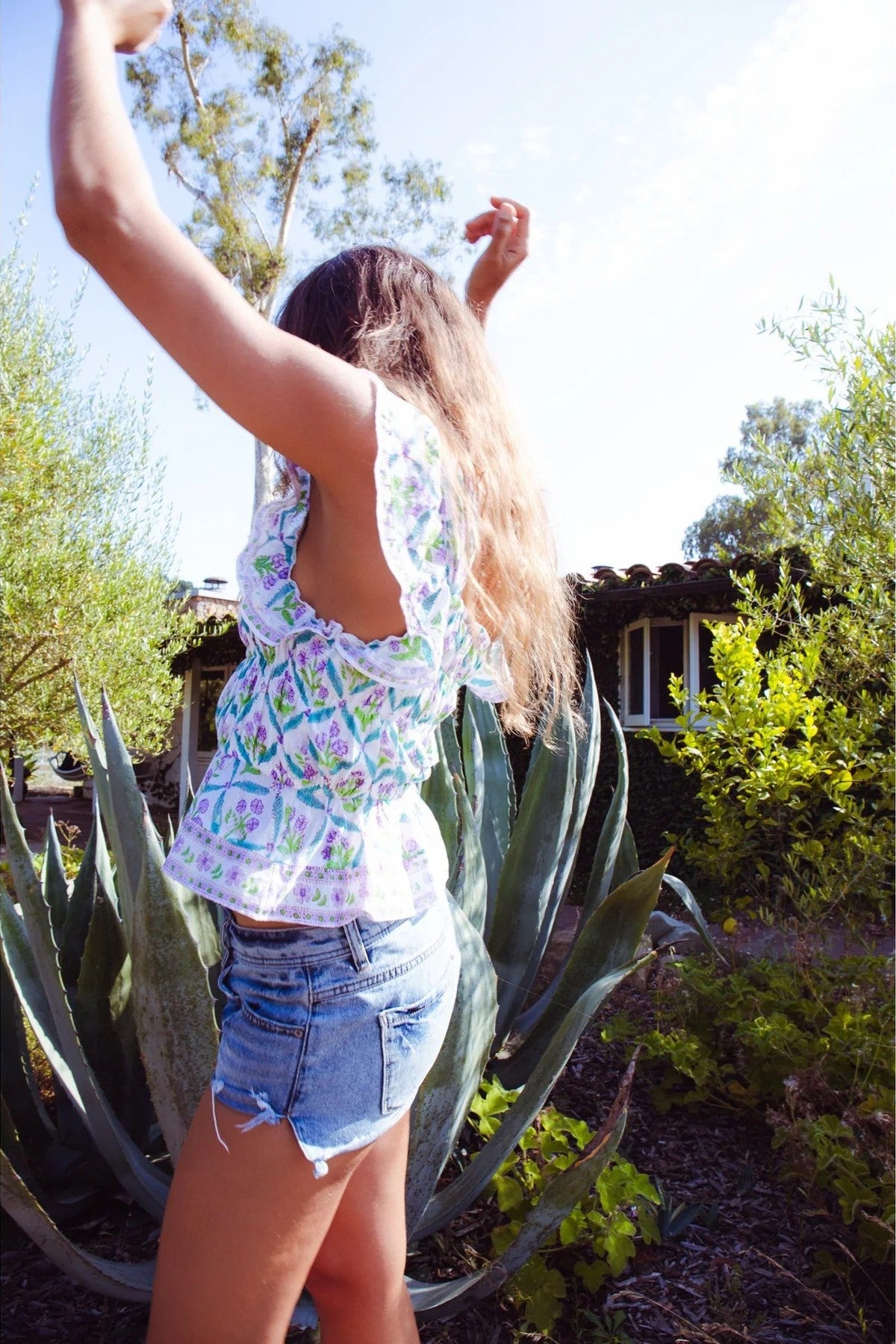 bell fleur top turquoise purple diamond print