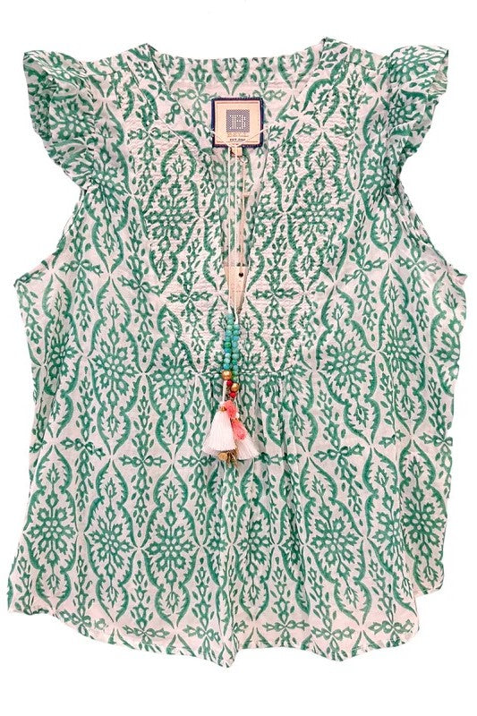 bell flutter top green print 