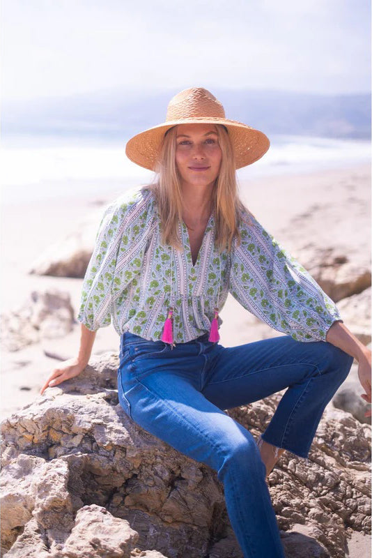 bell macey top green turquoise border stripe