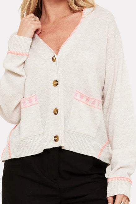 brodie mila geo trim cashmere cardigan haze/organic white