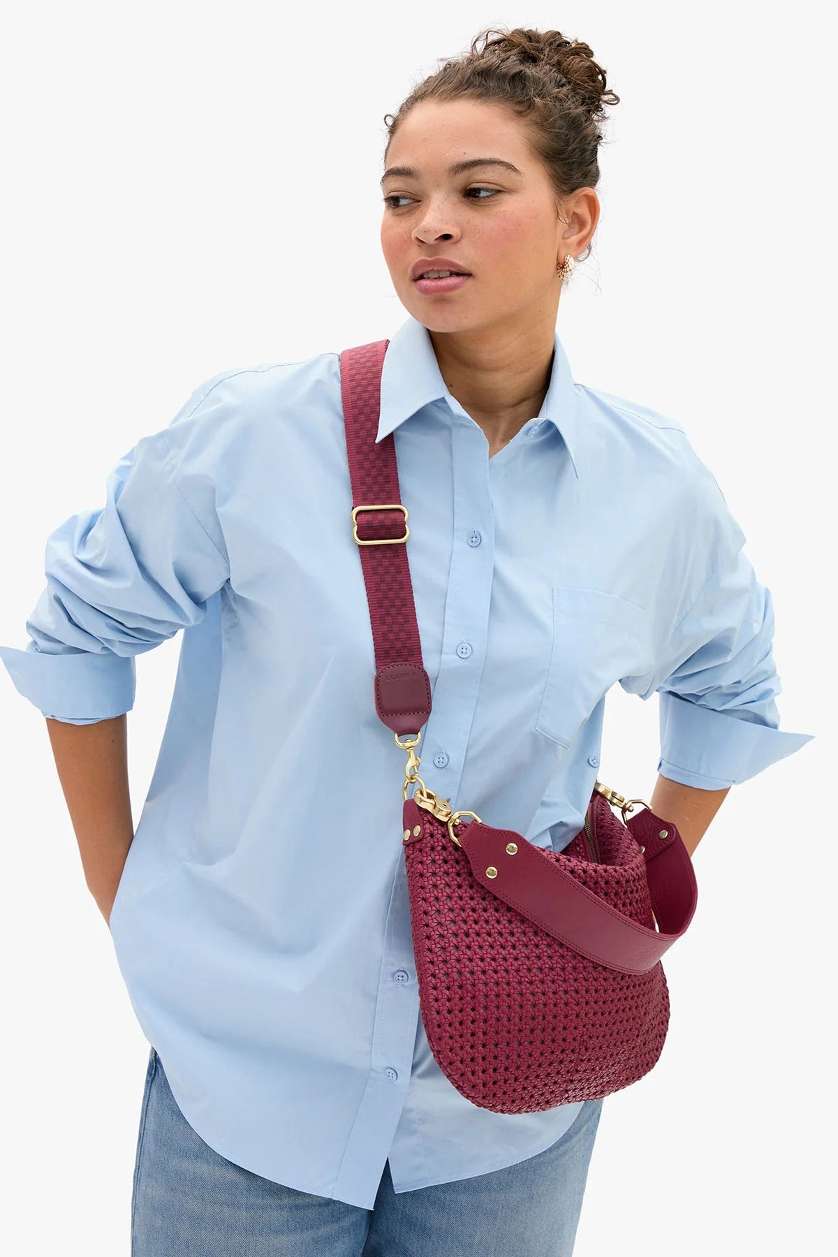 clare v. adjustable crossbody strap plummy checker
