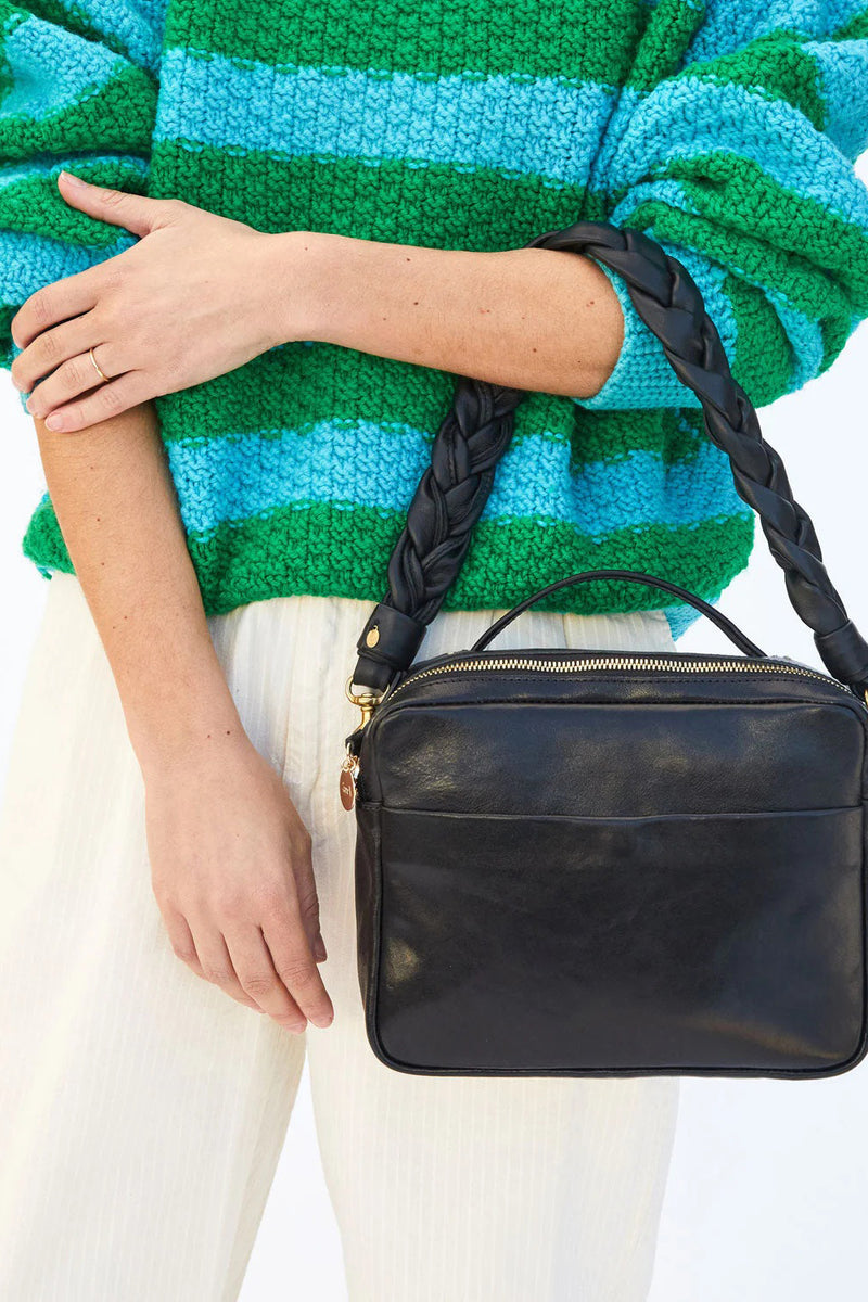 clare v. braided shoulder strap black leather