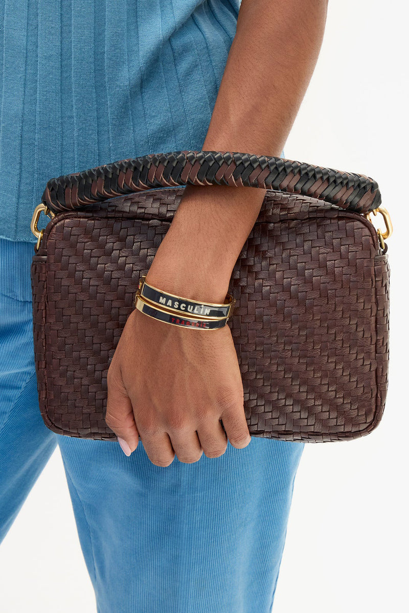 clare v. braided top handle black and chocolate brown leather