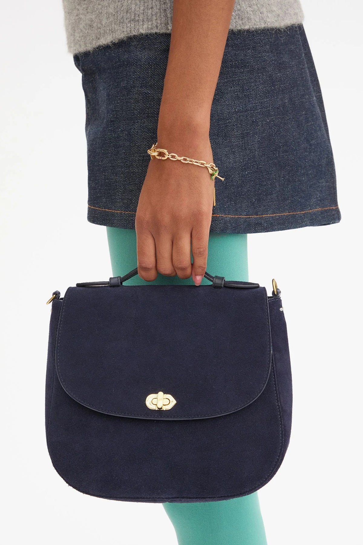 clare v. turnlock louis with top handle navy suede