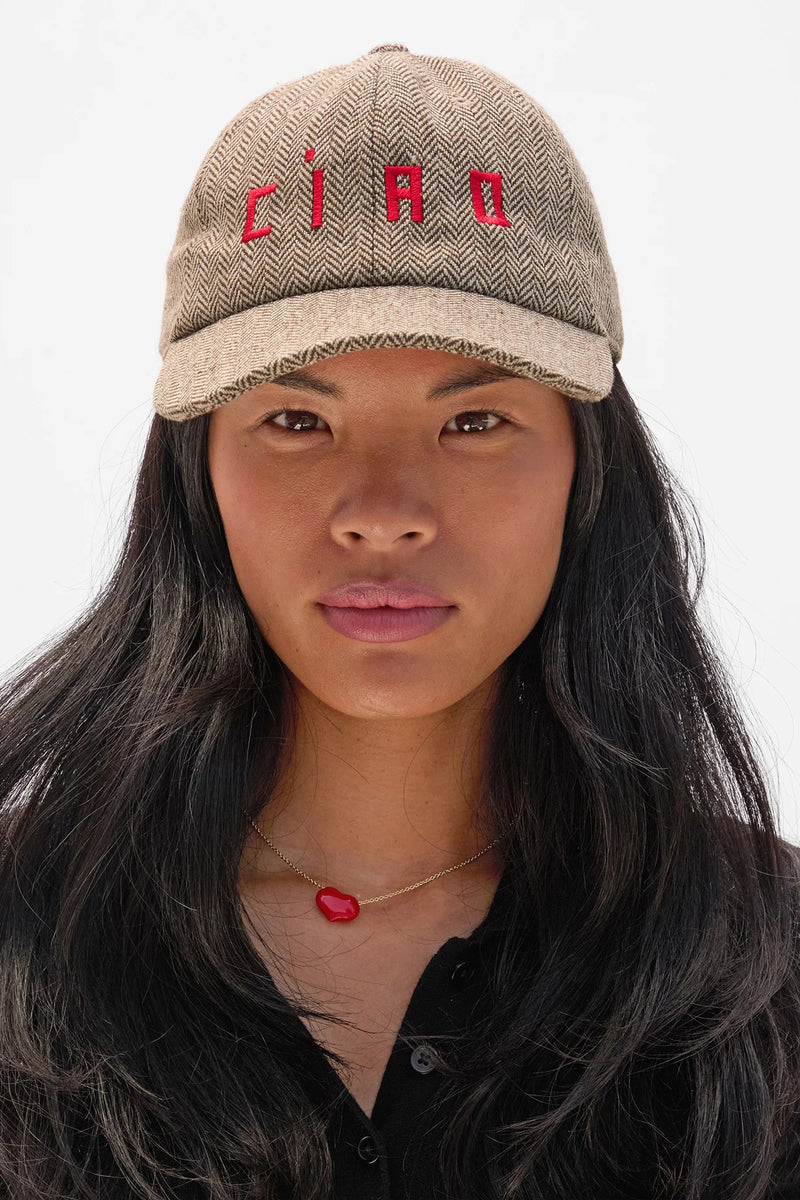 clare v. wool baseball hat taupe with red ciao
