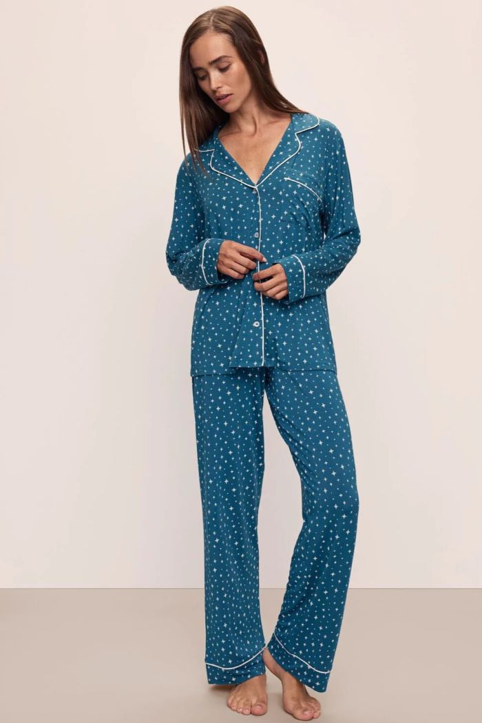 eberjey gisele printed long pj set festive lights sapphire/ivory 