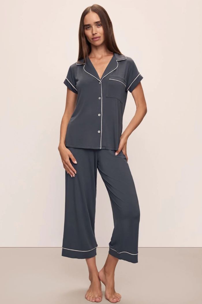 eberjey gisele short sleeve cropped pj set graphite/ivory 