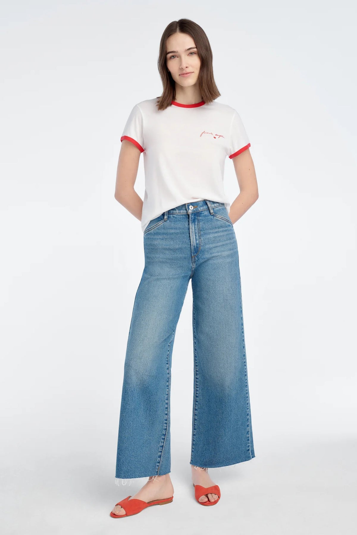 favorite daughter the signature chest logo ringer tee white rouge red