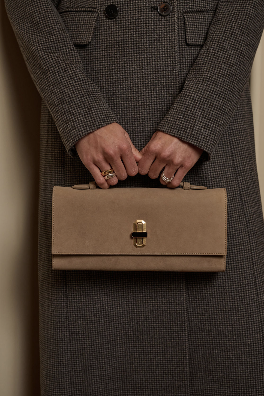 favorite daughter the heirloom clutch taupe suede