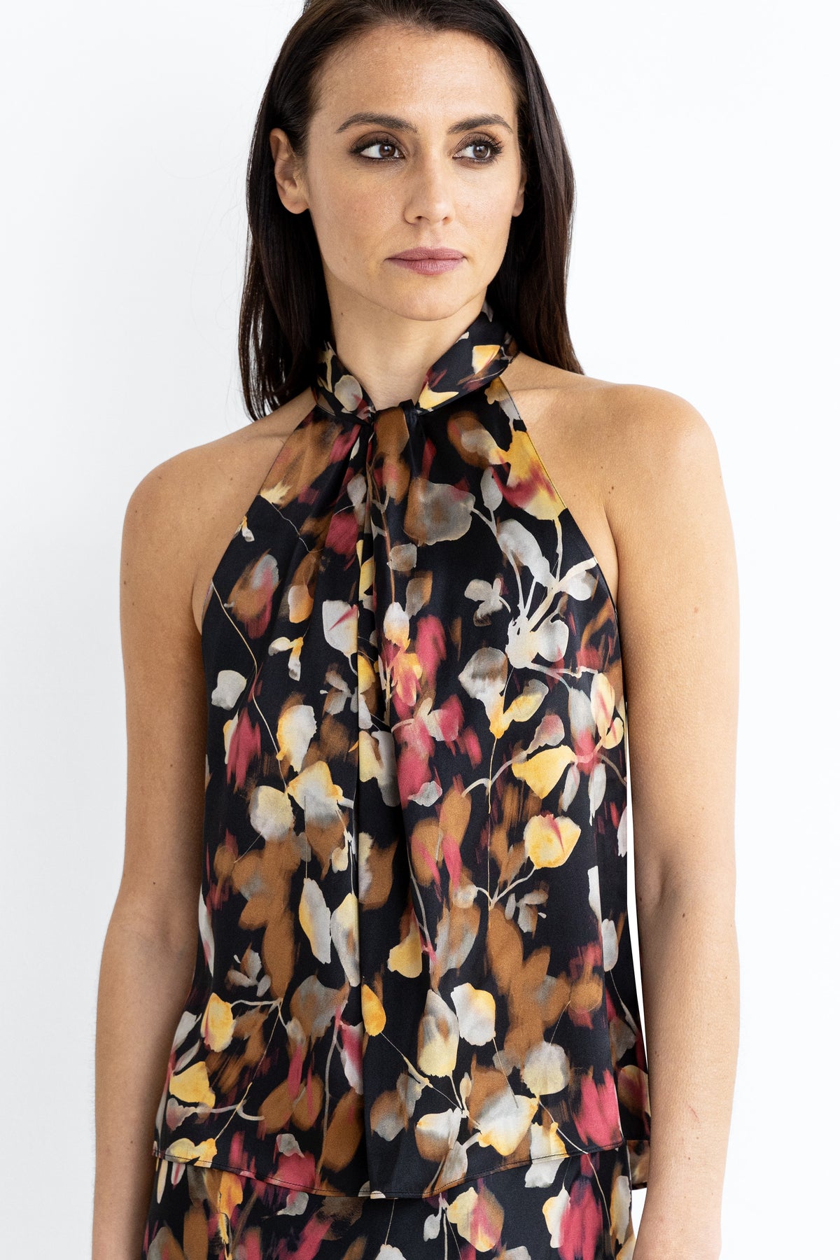 go silk go high neck halter falling leaves