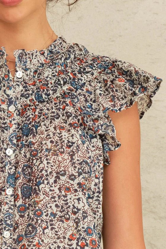 m.a.b.e cass frill top indigo rust