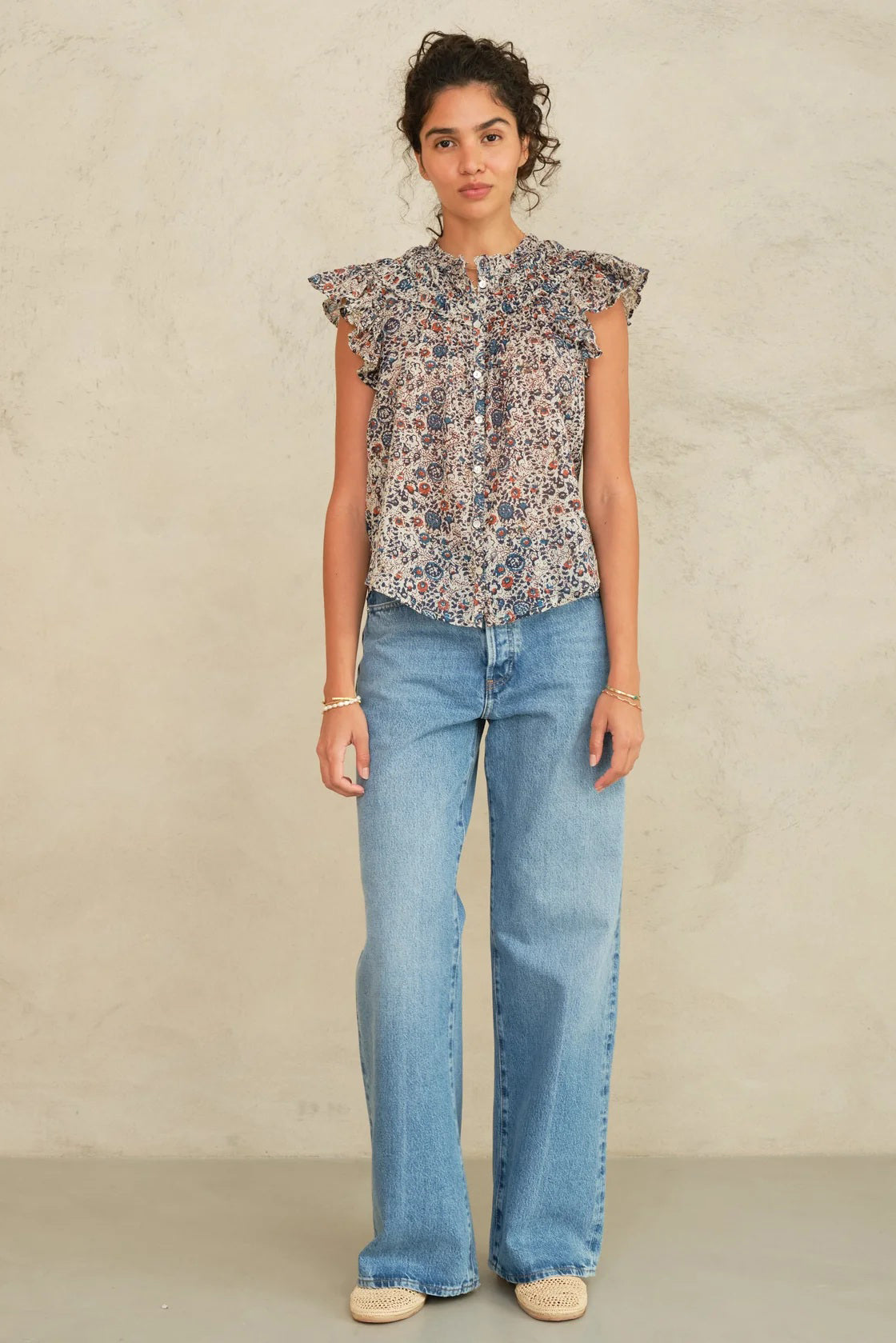 m.a.b.e cass frill top indigo rust
