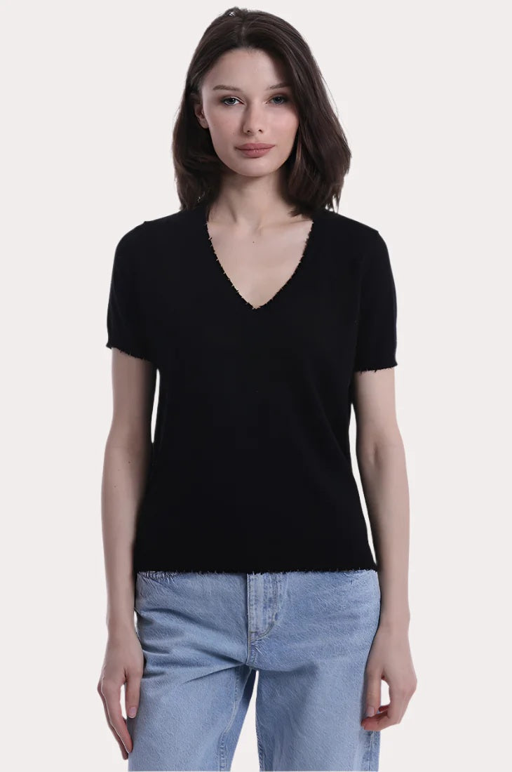 minnie rose short sleeve frayed v black