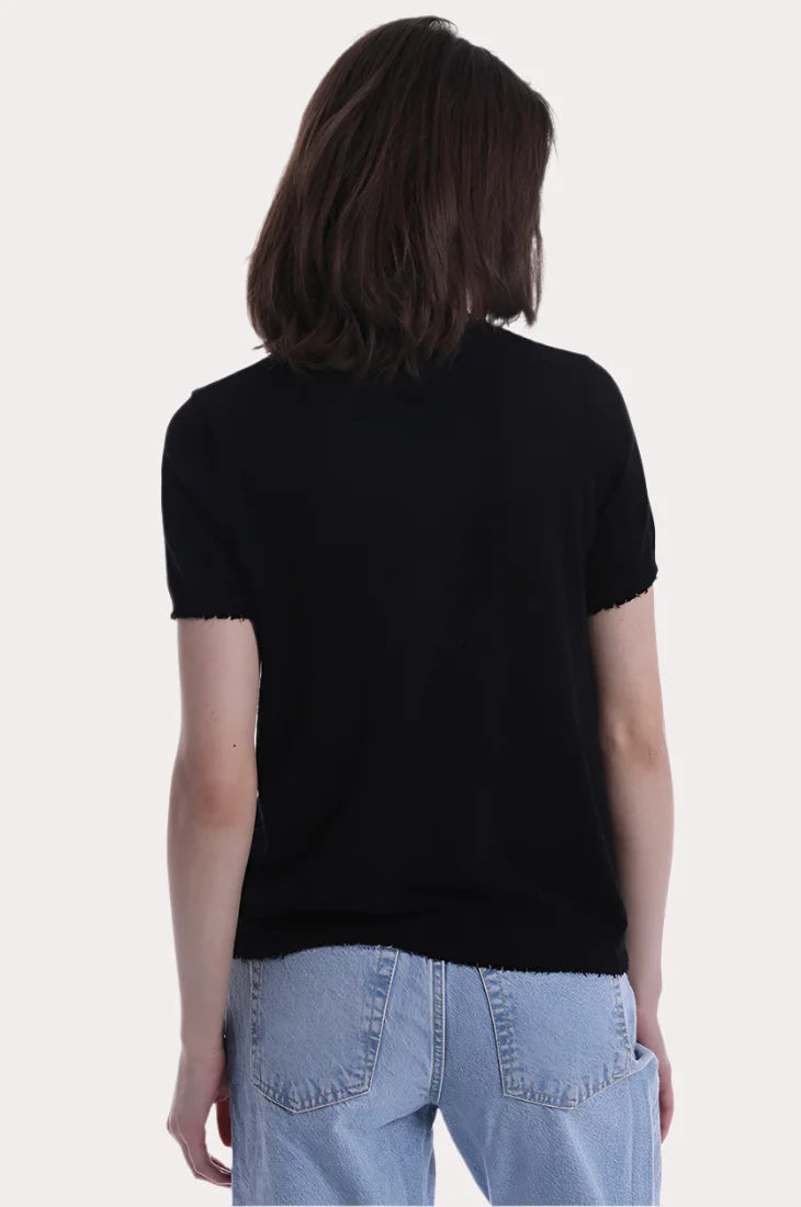 minnie rose short sleeve frayed v black