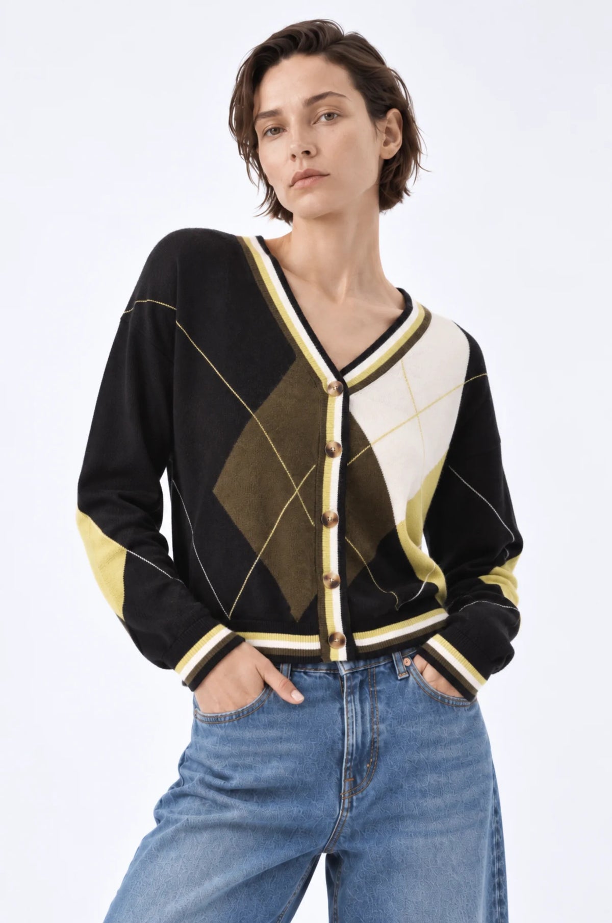minnie rose argyle cardigan black multi