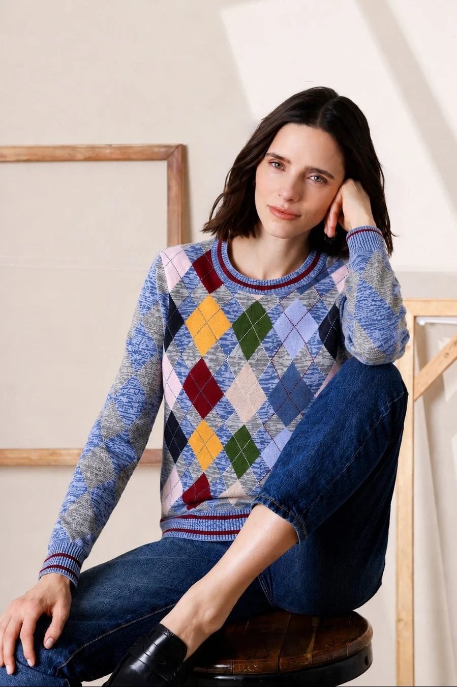 minnie rose argyle crew multi marled with tipping